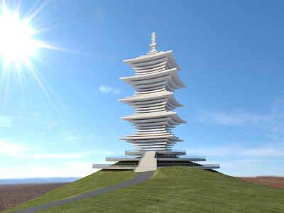 White Layered Tower Structure Standing On Green Hillside Under Blue Sky With Bright Sunshine 3d model