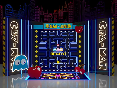 Vibrant PAC-MAN Maze Game Scene With Neon Lights Ghost And Strawberry 3d model