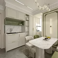 Modern Living And Dining Room With White Sofa Green Cushions Round Coffee Table And Chandelier