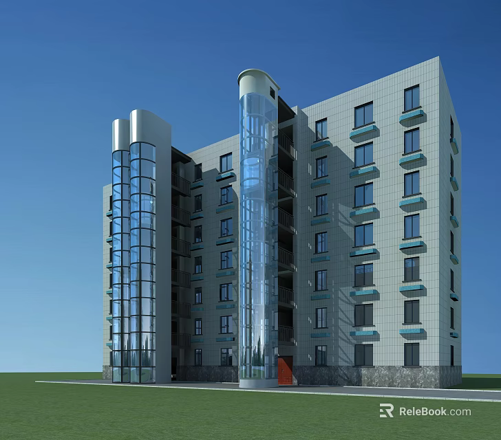 Modern Residential Building Exterior Design With Glass Curtain Walls Cylindrical Structure And Red Entrance 3d model 