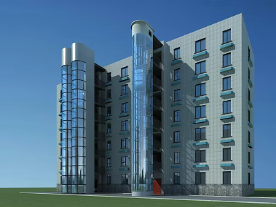 Modern Residential Building Exterior Design With Glass Curtain Walls Cylindrical Structure And Red Entrance 3d model