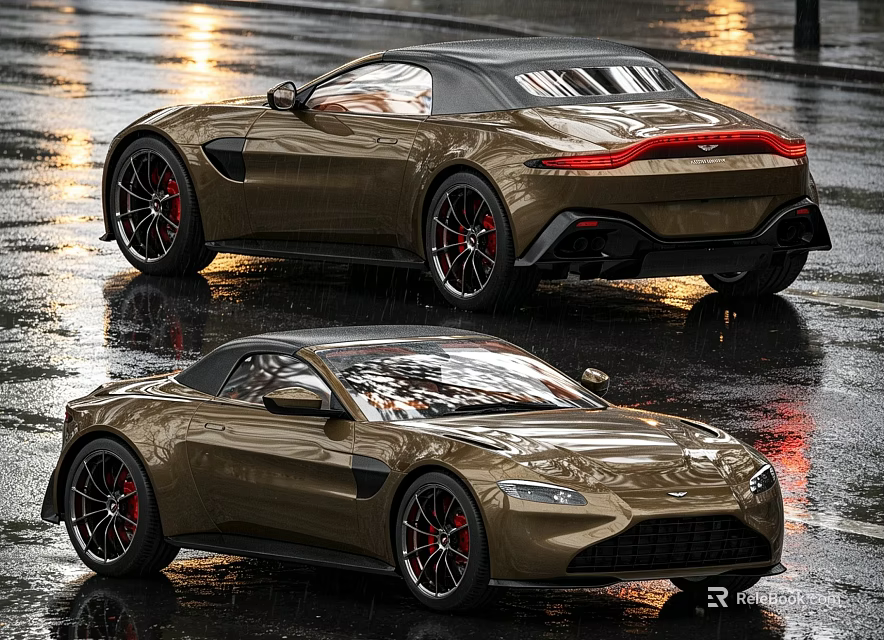 Golden Aston Martin Sports Cars On Wet Road With Shiny Exterior And Black Wheels 3d model 