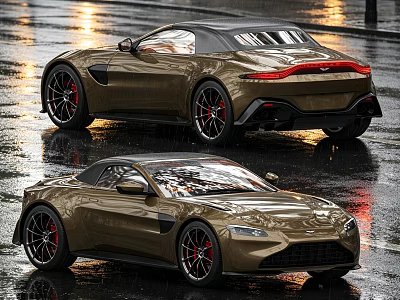 Golden Aston Martin Sports Cars On Wet Road With Shiny Exterior And Black Wheels 3d model