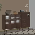Cozy Room With Wooden Glass Door Cabinet Vertical Stripes Drawer Chest Laptop Wicker Basket Decor