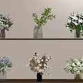 Various Flowers in Different Vases on Wooden Shelves with White Roses and Green Leaves
