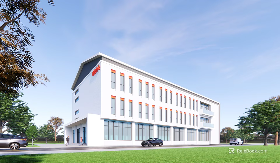 Modern Office Building White Exterior Large Glass Windows Orange Line Decor Lawn Blue Sky 3d model 