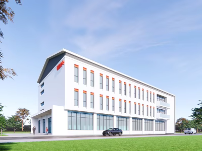 Modern Office Building White Exterior Large Glass Windows Orange Line Decor Lawn Blue Sky 3d model