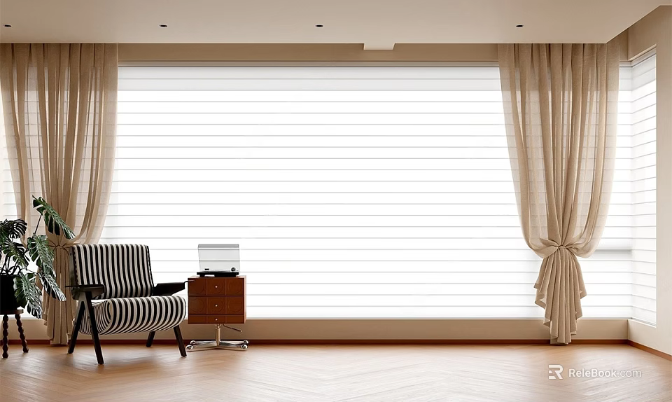Beige Curtains With White Blinds In Bright Room Featuring Striped Chair Side Table And Laptop 3d model 