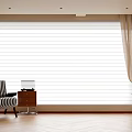 Beige Curtains With White Blinds In Bright Room Featuring Striped Chair Side Table And Laptop