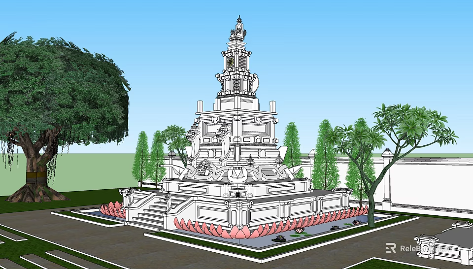 Ancient Pagoda Architecture With Intricate Carvings Stone Steps And Garden Trees 3d model 