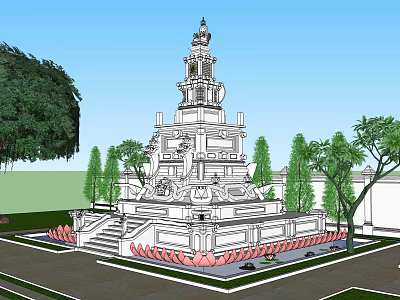Ancient Pagoda Architecture With Intricate Carvings Stone Steps And Garden Trees 3d model