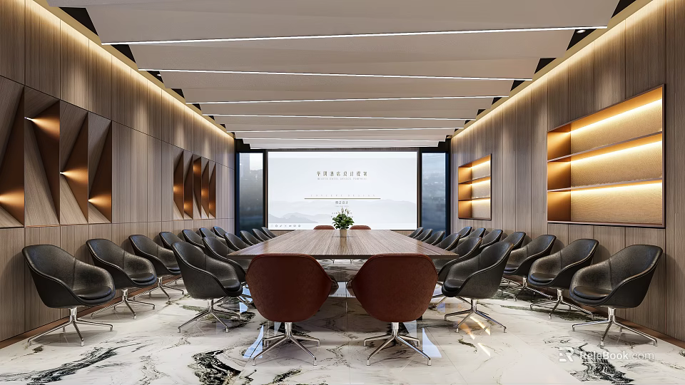 Modern Conference Room Interior With Long Table Chairs Floor-to-Ceiling Windows Wooden Walls Light Strips Bookshelves 3d model 