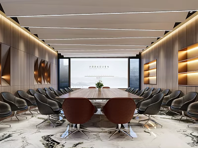 Modern Conference Room Interior With Long Table Chairs Floor-to-Ceiling Windows Wooden Walls Light Strips Bookshelves 3d model