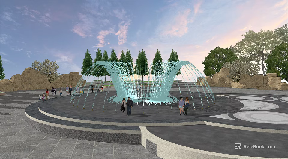 Outdoor Public Square Fountain With Circular Layout Water Sprays And People Around Trees 3d model 