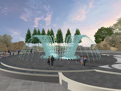 Outdoor Public Square Fountain With Circular Layout Water Sprays And People Around Trees 3d model