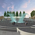 Outdoor Public Square Fountain With Circular Layout Water Sprays And People Around Trees