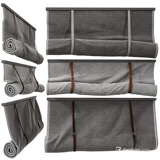 Gray Fabric Window Blinds With Rolled Design And Brown Straps For Home Use 3d model 
