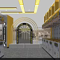 Indoor Amusement Park With Multiple Game Machines Yellow Background Walls Central Counter And Marble Floor