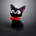 Small Black Cat Decorative Figurine With Purple Ears And Red Bow Tie