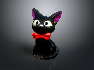 Small Black Cat Decorative Figurine With Purple Ears And Red Bow Tie 3d model
