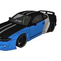 Blue Sports Car With Black And White Stripes Modified Rear Spoiler And Sporty Wheels