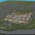 Aerial View of Modern School Building Campus With Sports Field and Waterfront Greenery