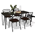 Modern Dining Table Set With Four Upholstered Chairs Stool And Decorative Plants Glasses Plate