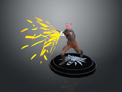 Man With Yellow Glowing Sparks Standing On Black Base With Wolf Head Symbol 3d model