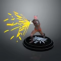 Man With Yellow Glowing Sparks Standing On Black Base With Wolf Head Symbol