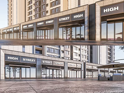 Modern Commercial Street With High Street Signs And Glass Shop Fronts 3d model