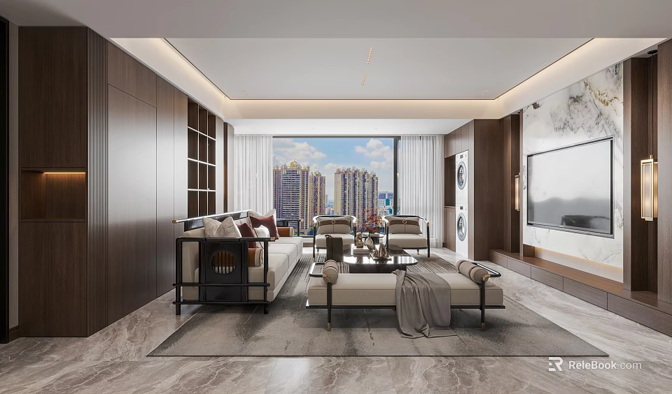 Modern Living Dining Room Interior With Sofa Coffee Table TV Wall And Large Window 3d model