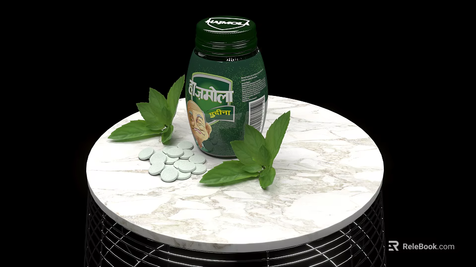 Medical Device Green Bottle With White Tablets And Fresh Leaves On Marble Table 3d model 