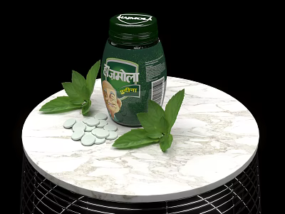 Medical Device Green Bottle With White Tablets And Fresh Leaves On Marble Table 3d model