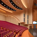 Cultural Center Interior With Red Seats Stage Wooden Walls And Curved Lighting Design