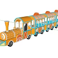 Cartoon Yellow Blue Train With Multiple Carriages Orange Decor And Smiling Face For Kids Playground