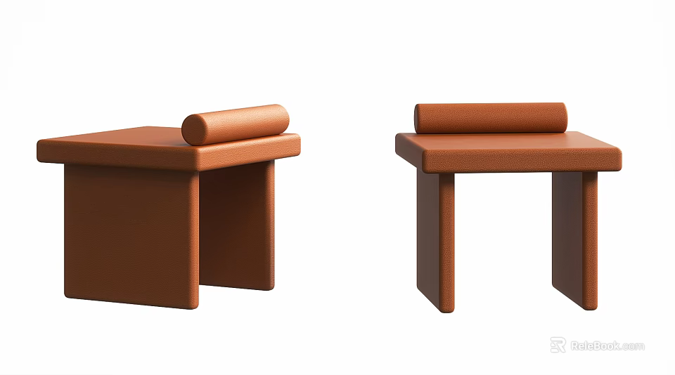Two Modern Brown Leather Stools With Simple Legs And Cushioned Rectangular Seats 3d model