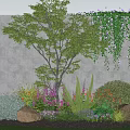 Outdoor Garden With Various Flowers Plants Vines Gray Wall And Stones