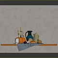 Fresh Pumpkin and Mixed Fruits on Wooden Table with Blue Cloth and Pitcher