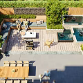 Modern Garden Landscape With Villas Green Plants Outdoor Seating Stone Pavement And Courtyard Area