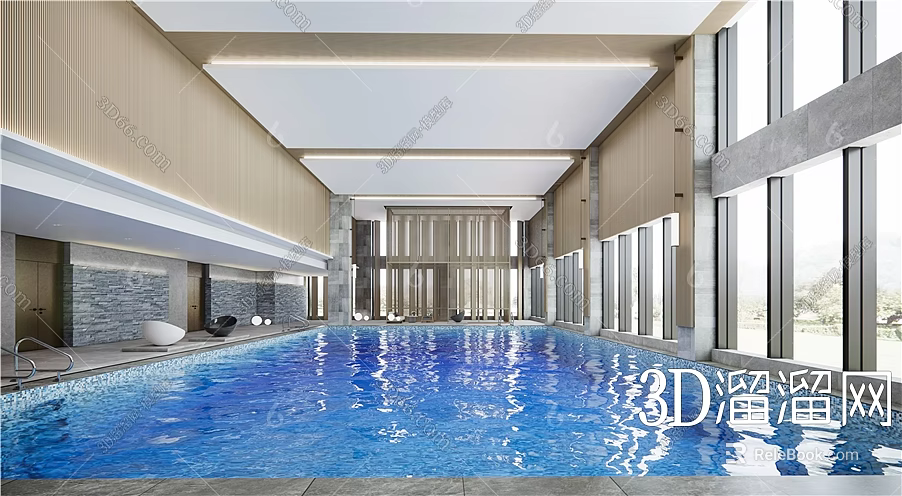 Modern Indoor Swimming Pool With Large Glass Windows Ample Natural Light And Relaxation Area 3d model 