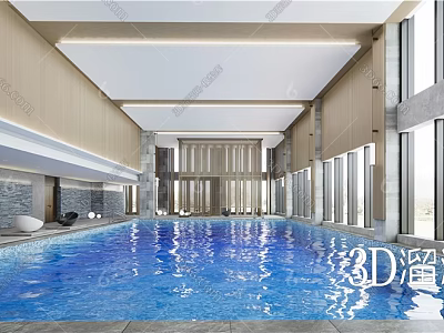 Modern Indoor Swimming Pool With Large Glass Windows Ample Natural Light And Relaxation Area 3d model