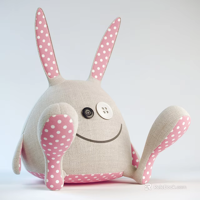 Stuffed Rabbit Toy With Pink Polka Dot Ears Paws Light Gray Button Eyes Smiling Face 3d model 