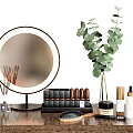Perfume Cosmetics Arrangement With Round LED Mirror Lipsticks Fragrance Sticks And Skincare On Wooden Tabletop