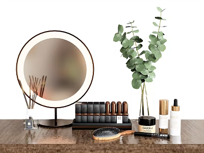 Perfume Cosmetics Arrangement With Round LED Mirror Lipsticks Fragrance Sticks And Skincare On Wooden Tabletop 3d model