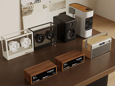 Various Audio Speakers Including Wooden And Modern Designs On Table Top 3d model