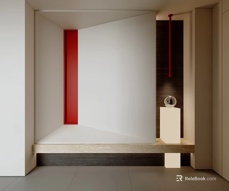 Modern Hallway Entryway Design With Red Accent Wall And Decorative Lighting 3d model 