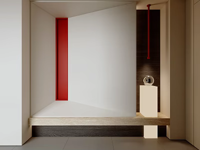 Modern Hallway Entryway Design With Red Accent Wall And Decorative Lighting 3d model