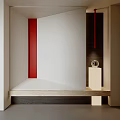 Modern Hallway Entryway Design With Red Accent Wall And Decorative Lighting
