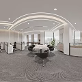 Modern Public Office Space With Open Workstations Desks Chairs Large Windows And Ceiling Lighting