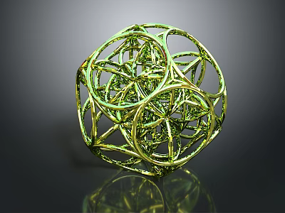 Green And Gold Intertwined Geometric Sphere With Metallic Texture Art Piece 3d model
